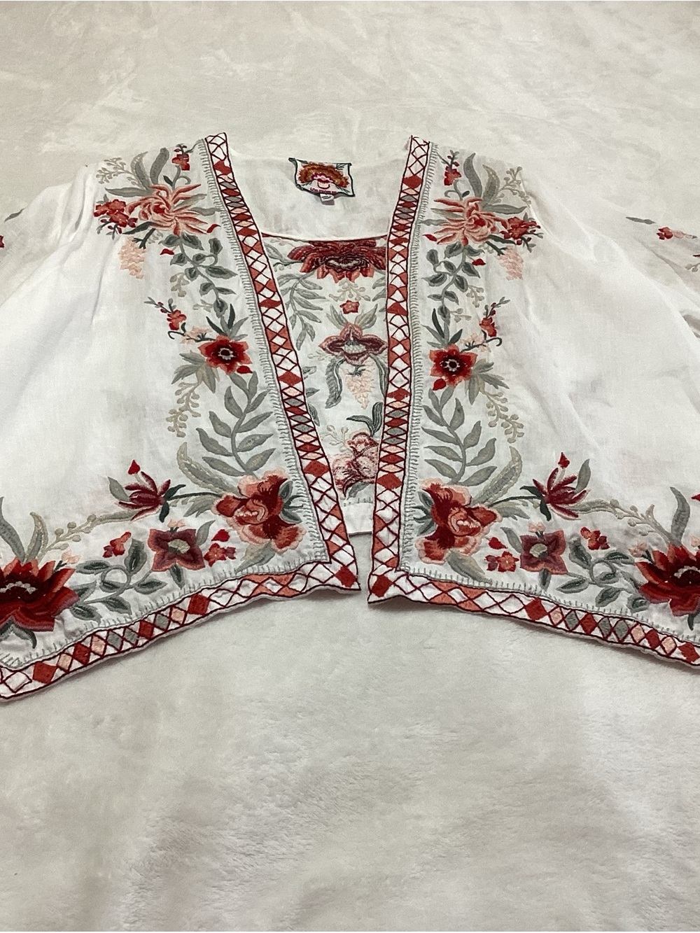 Johnny Was 100% Linen Floral Embroidered Kimono Cardigan S Boho Hi-Low waterfall - Picture 4 of 9